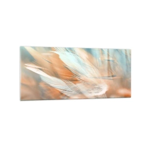 Glasbild - Bild auf glas - Zarte Federn in Pastelltönen von Blau und Orange - 120x50cm - Im Land der Sanftmut - Moderne Wanddekoration für Wohnzimmer und Schlafzimmer ARTTOR
