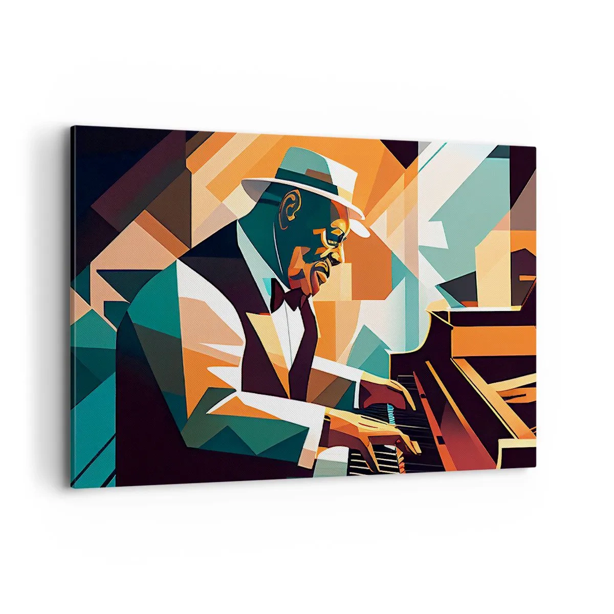 Bild auf Leinwand - Leinwandbild - Abstrakter Musiker, der in warmen Farben Klavier spielt. - 120x80cm - Alles vom Jazz - Moderne Wanddekoration für Wohnzimmer und Schlafzimmer ARTTOR