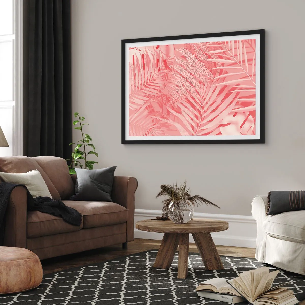 Poster in einem schwarzem Rahmen - Rosa tropische Blätter in einem zarten und minimalistischen Stil - 70x50cm - Rosa Konzept - Moderne Wanddekoration für Wohnzimmer und Schlafzimmer ARTTOR