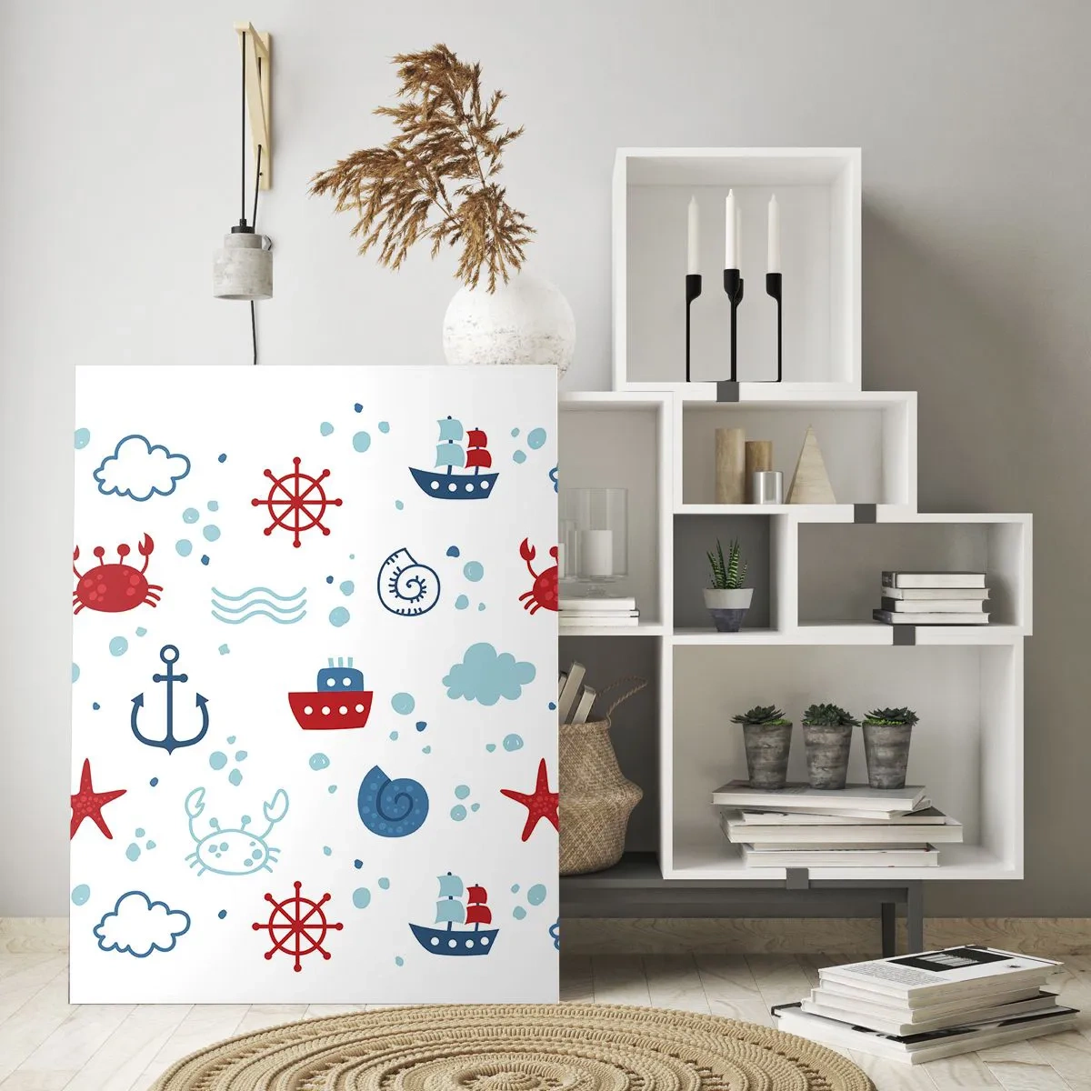 Glasbild - Bild auf glas - Nautische Muster mit Krabben, Ankern und Schiffen - 50x70cm - Märchen vom Meer - Moderne Wanddekoration für Wohnzimmer und Schlafzimmer ARTTOR