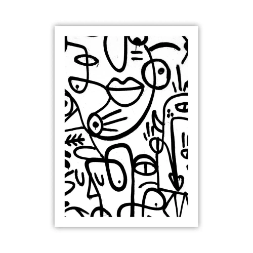 Poster - Abstrakte schwarze Linien auf weißem Hintergrund - 50x70cm - Gesichter und Luftspiegelungen - Moderne Wanddekoration für Wohnzimmer und Schlafzimmer ARTTOR