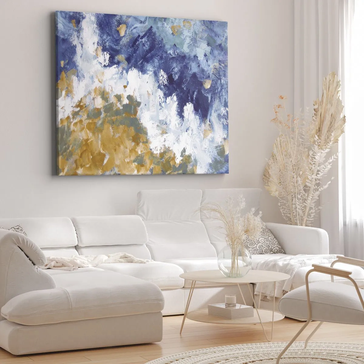 Bild auf Leinwand - Leinwandbild - Abstraktion in Blau-, Weiß- und Goldtönen - 100x70cm - Tanz der Naturelemente - Moderne Wanddekoration für Wohnzimmer und Schlafzimmer ARTTOR