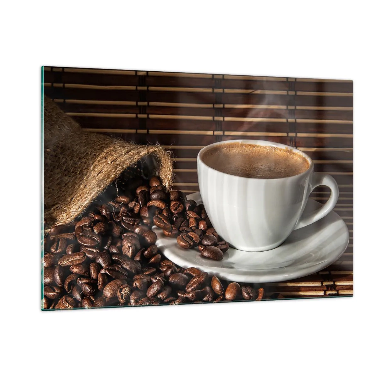 Glasbild - Bild auf glas - Eine Tasse Kaffee mit Bohnen auf rustikalem Hintergrund - 120x80cm - Die Schwärze von Kohle, die Klarheit von Bernstein - Moderne Wanddekoration für Wohnzimmer und Schlafzimmer ARTTOR