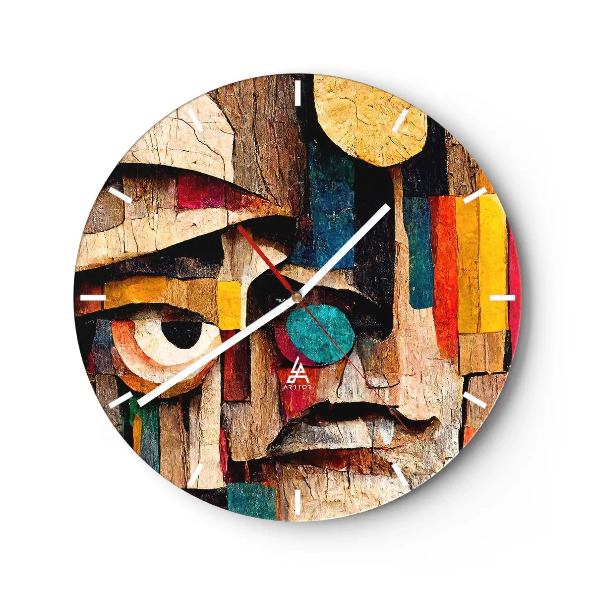 Wanduhr - Glasuhr - Buntes Gesicht im Stil eines Holzmosaiks aus geometrischen Formen - 30x30cm - Ich sehe dich… - Moderne Wanddekoration für Wohnzimmer, Küche und Schlafzimmer ARTTOR