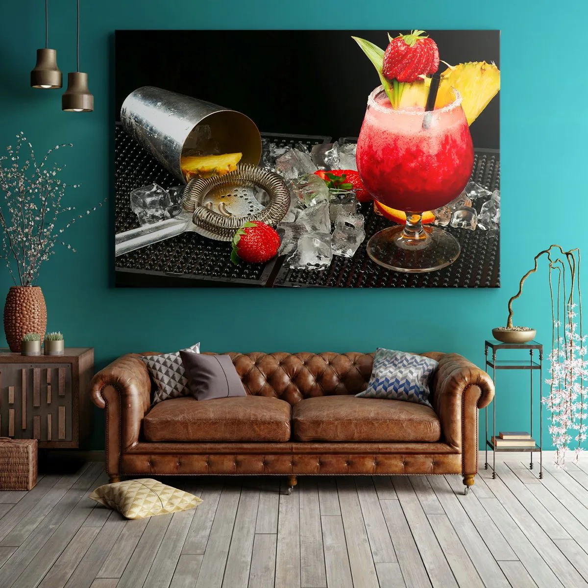 Bild auf Leinwand - Leinwandbild - Ein bunter Cocktail mit Erdbeeren, Eis und Ananas - 100x70cm - Zaubern Sie einen Geschmack - Moderne Wanddekoration für Wohnzimmer und Schlafzimmer ARTTOR
