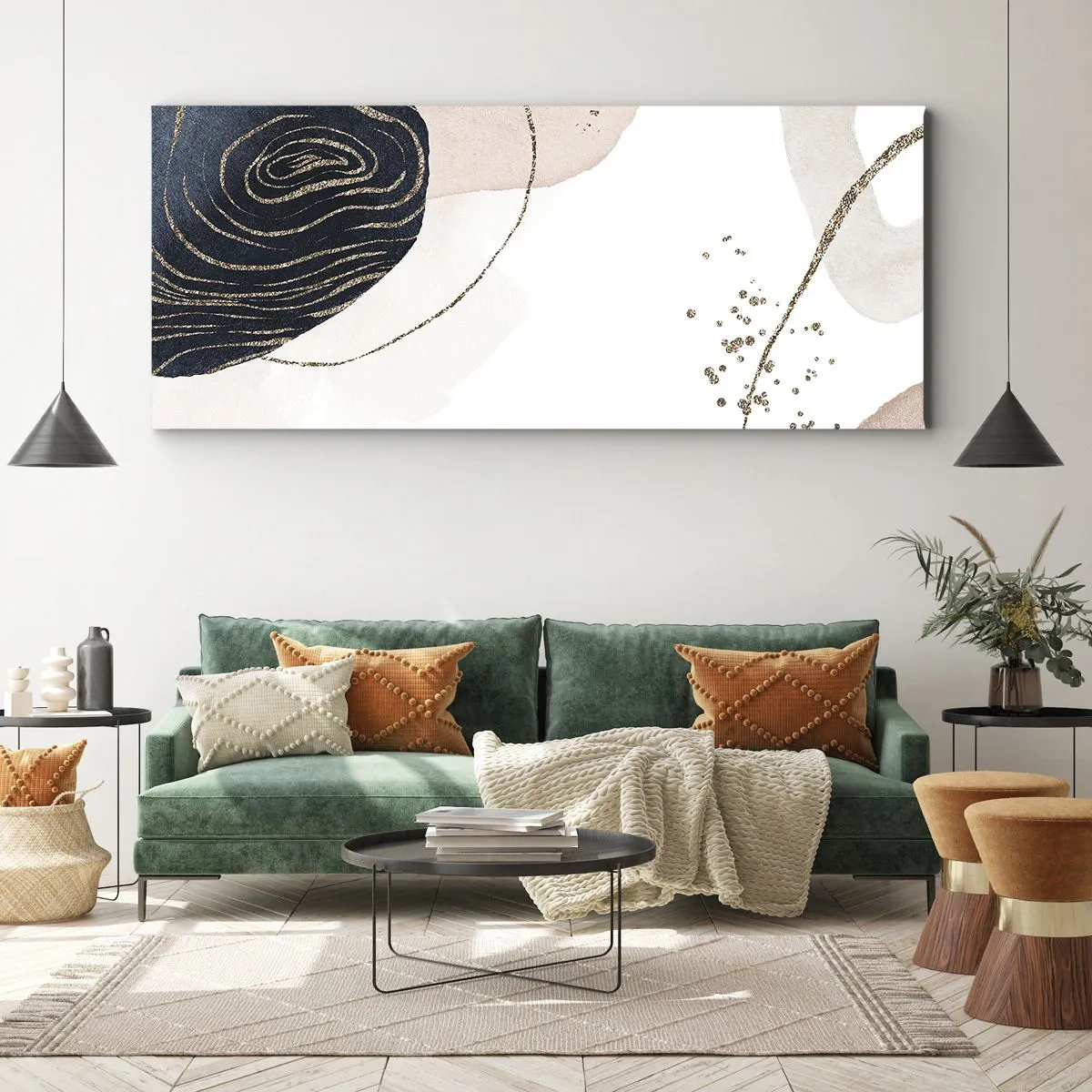 Bild auf Leinwand - Leinwandbild - Abstrakte Formen in Beige- und Marineblautönen mit goldenen Details - 140x50cm - Alles fließt - Moderne Wanddekoration für Wohnzimmer und Schlafzimmer ARTTOR