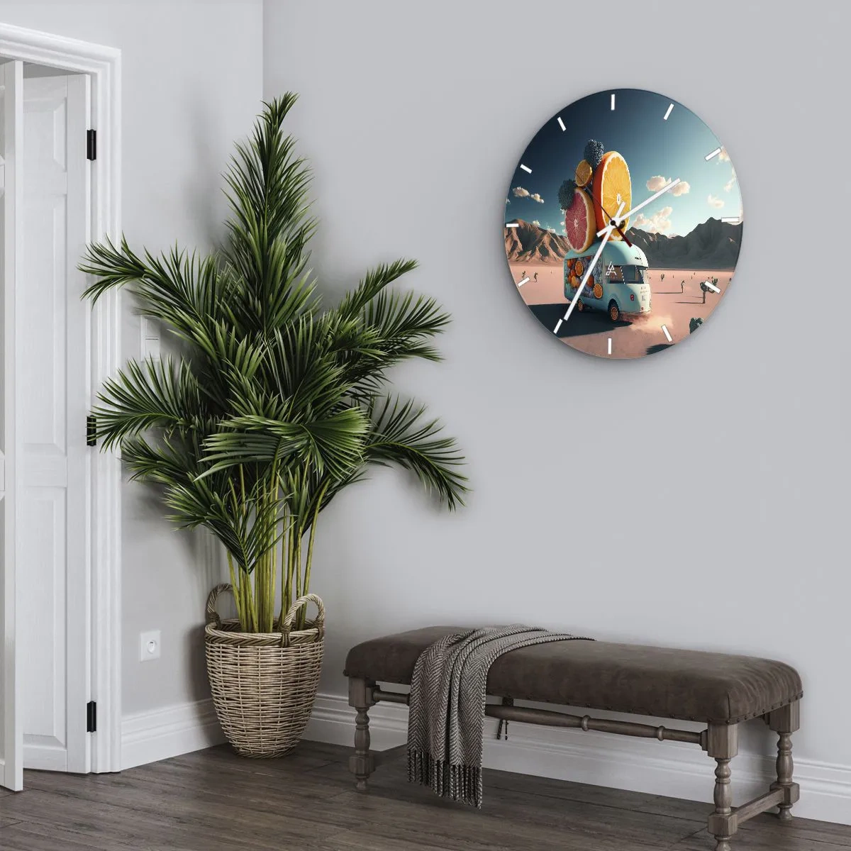 Wanduhr - Glasuhr - Ein türkisfarbener Obst-Foodtruck mit Wüstenhintergrund - 30x30cm - Geschmack von Urlaub - Moderne Wanddekoration für Wohnzimmer, Küche und Schlafzimmer ARTTOR