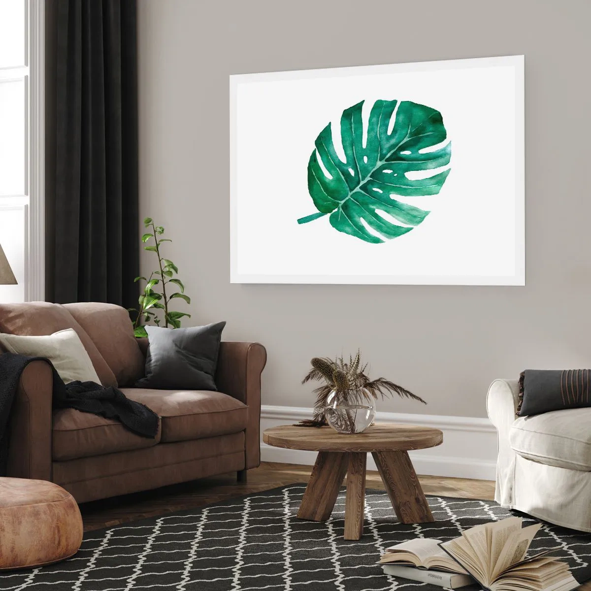 Poster - Grünes Monsterablatt im minimalistischen Stil - 100x70cm - Grünes Konzept - Moderne Wanddekoration für Wohnzimmer und Schlafzimmer ARTTOR