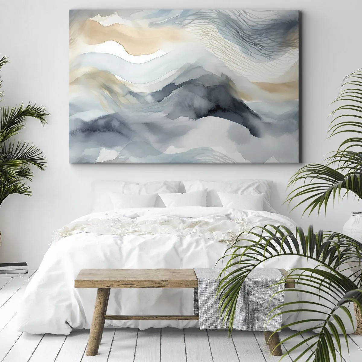 Bild auf Leinwand - Leinwandbild - Eine zarte Abstraktion mit Bergmotiv in Pastelltönen. - 70x50cm - Verschneite und neblige Abstraktion - Moderne Wanddekoration für Wohnzimmer und Schlafzimmer ARTTOR