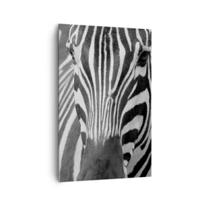 Bild auf Leinwand - Leinwandbild - Eine Schwarz-Weiß-Nahaufnahme eines Zebras mit seinen charakteristischen Streifen. - 80x120cm - Die Welt ist schwarz und weiß - Moderne Wanddekoration für Wohnzimmer und Schlafzimmer ARTTOR