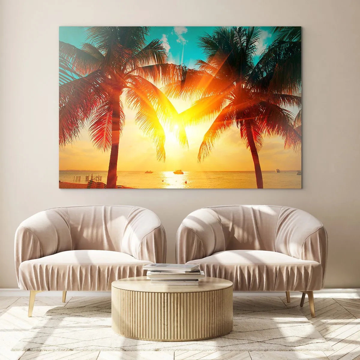 Glasbild - Bild auf glas - Sonnenbeschienene Palmen über einem tropischen Strand - 70x50cm - Exotisches Paar - Moderne Wanddekoration für Wohnzimmer und Schlafzimmer ARTTOR