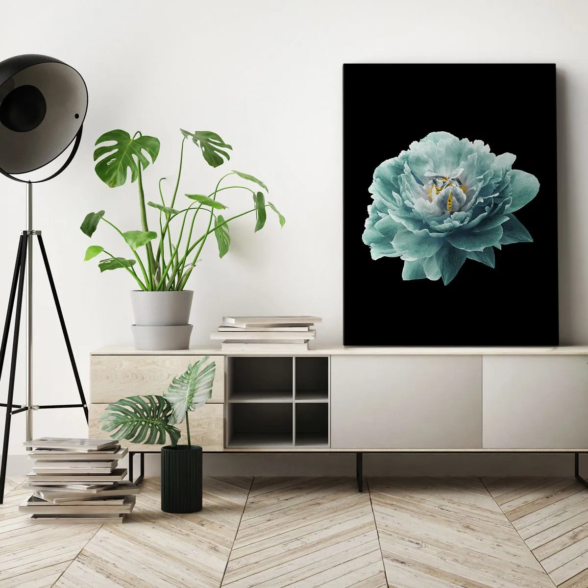 Bild auf Leinwand - Leinwandbild - Türkisfarbene Pfingstrose auf schwarzem Hintergrund - 50x70cm - Blaue und goldene Blütenblätter - Moderne Wanddekoration für Wohnzimmer und Schlafzimmer ARTTOR