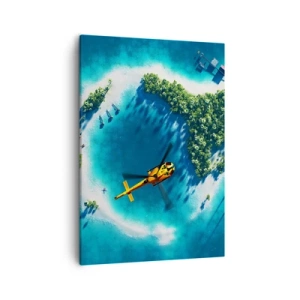 Bild auf Leinwand - Leinwandbild - Eine tropische Insel, umgeben von türkisfarbenem Wasser, mit einem Hubschrauber in Sicht - 50x70cm - Kauf dir eine Insel - Moderne Wanddekoration für Wohnzimmer und Schlafzimmer ARTTOR