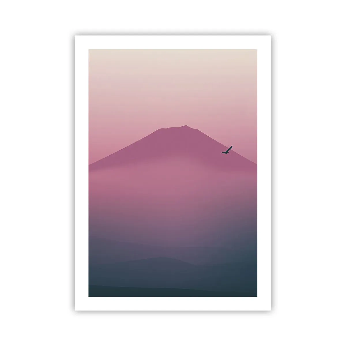 Poster - Eine minimalistische Berglandschaft in Rosa- und Lilatönen - 50x70cm - Wanderer über den Wolken - Moderne Wanddekoration für Wohnzimmer und Schlafzimmer ARTTOR
