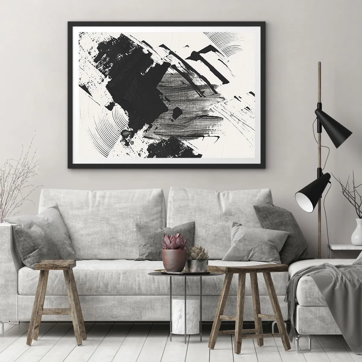 Poster in einem schwarzem Rahmen - Abstrakte Striche in Schwarz auf weißem Hintergrund - 70x50cm - Abstraktion – Ausdruck von Schwarz - Moderne Wanddekoration für Wohnzimmer und Schlafzimmer ARTTOR