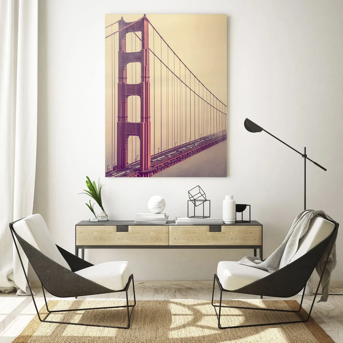 Glasbild - Bild auf glas - San Franciscos Golden Gate Bridge in einer nebligen Landschaft - 50x70cm - Zwischen Himmel und Erde - Moderne Wanddekoration für Wohnzimmer und Schlafzimmer ARTTOR