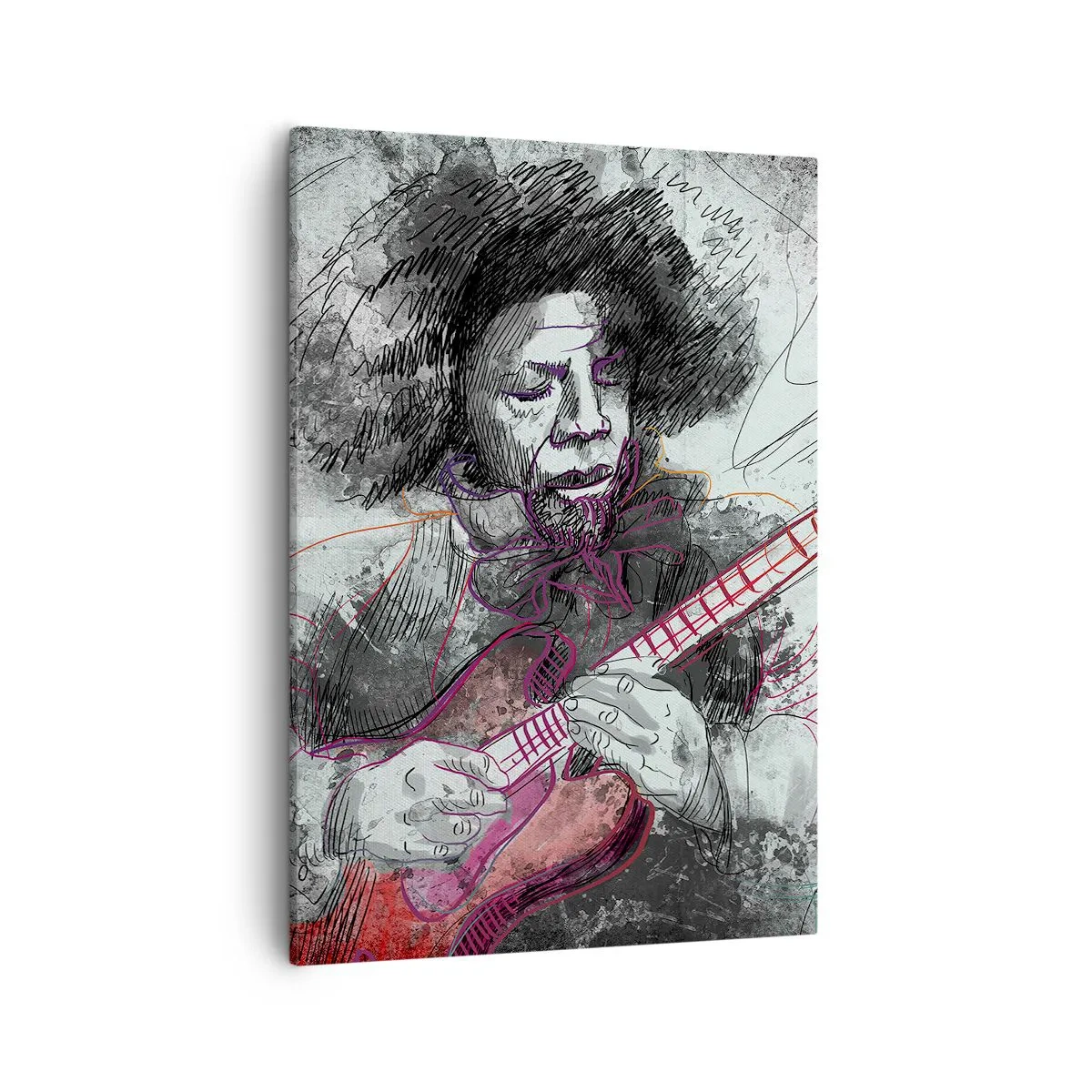 Bild auf Leinwand - Leinwandbild - Künstlerisches Portrait eines Gitarristen in der Skizzentechnik - 50x70cm - Auf den Wellen der Musik - Moderne Wanddekoration für Wohnzimmer und Schlafzimmer ARTTOR