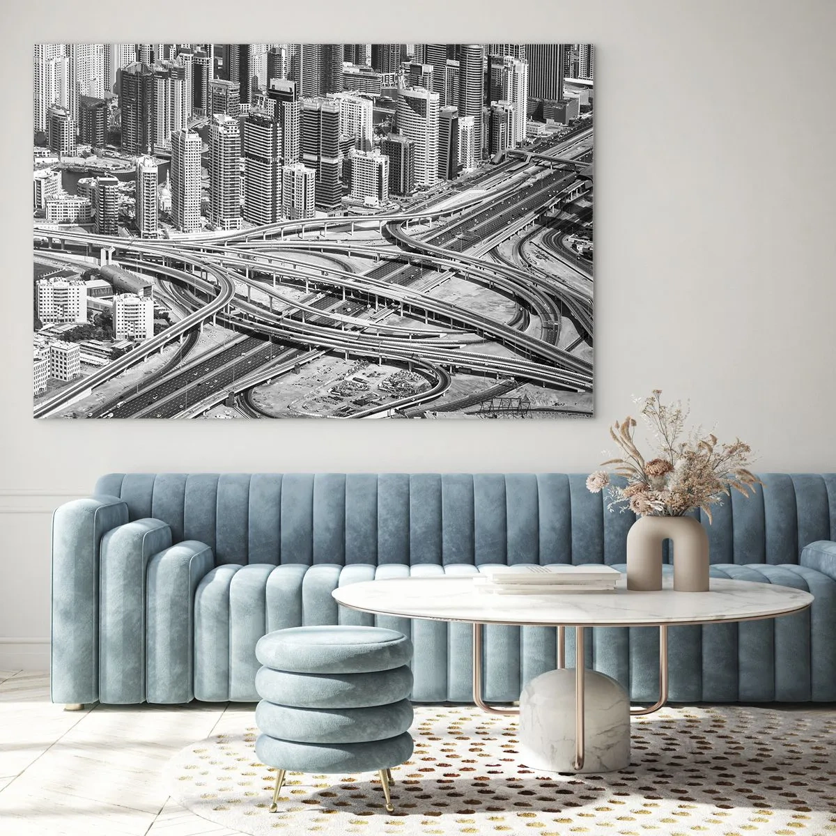 Glasbild - Bild auf glas - Schwarz-Weiß-Panorama der Stadt mit Autobahnkreuz - 70x50cm - Dubai - die unmögliche Stadt - Moderne Wanddekoration für Wohnzimmer und Schlafzimmer ARTTOR