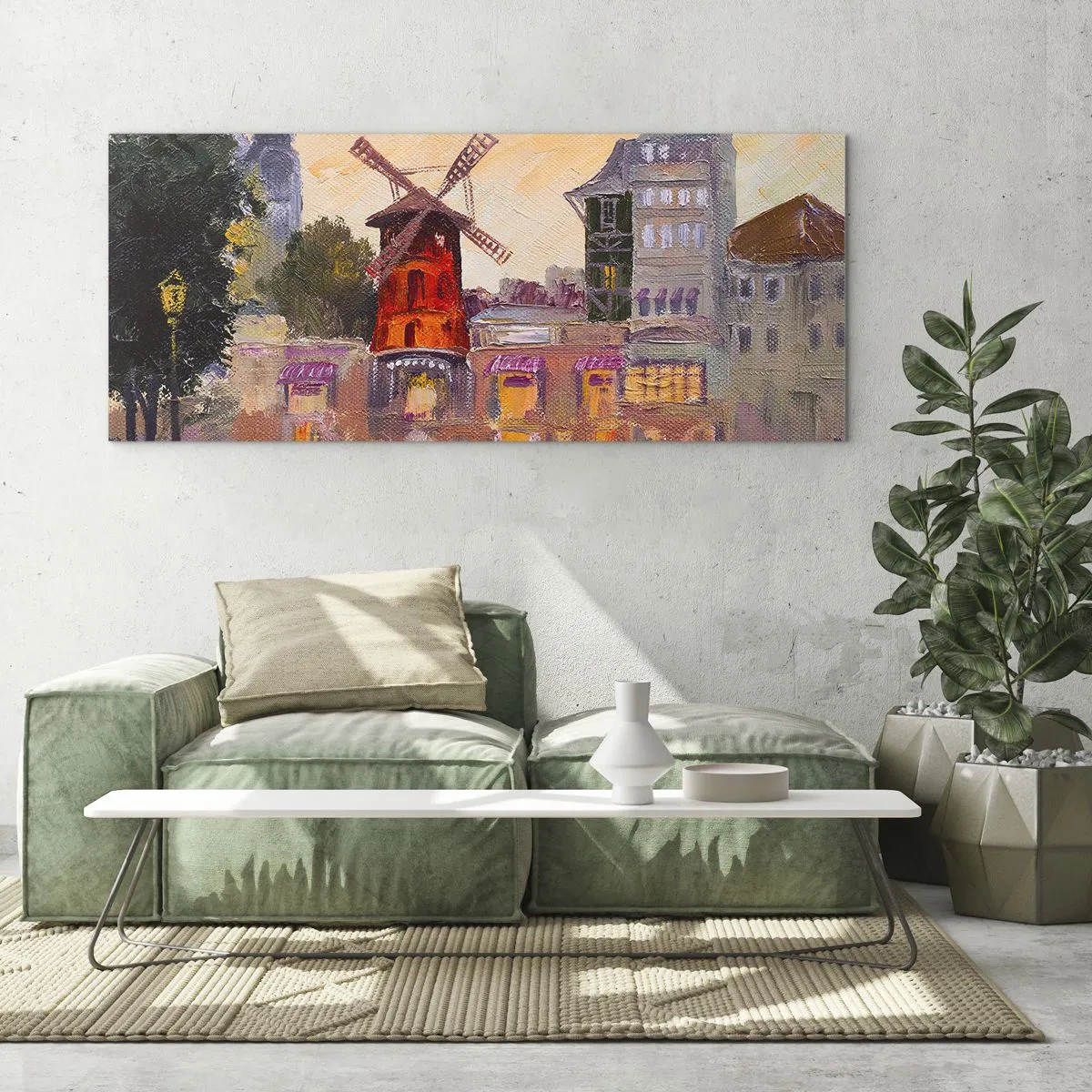 Glasbild - Bild auf glas - Die rote Windmühle des Moulin Rouge, umgeben von der Stadtlandschaft - 120x50cm - Pariser Ikonen – Moulin Rouge - Moderne Wanddekoration für Wohnzimmer und Schlafzimmer ARTTOR