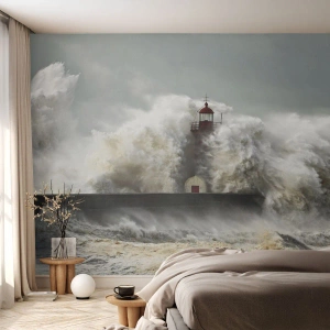 Fototapete Premium Sand - Die Wut des Ozeans - Landschaft, Leuchtturm, Sturm - 150x105 cm