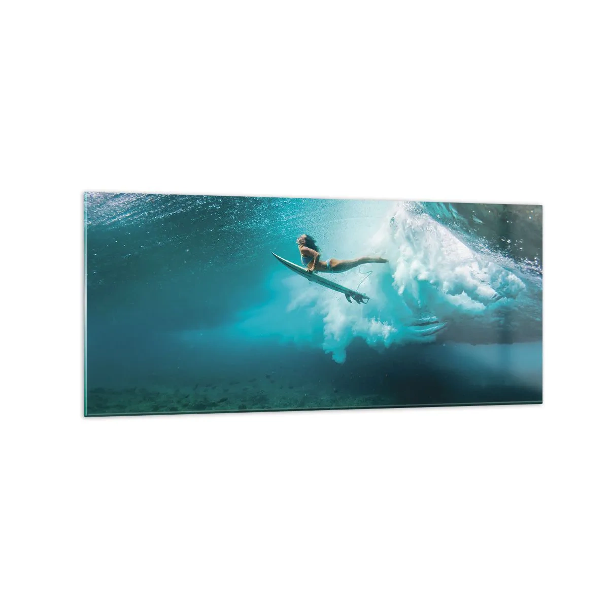 Glasbild - Bild auf glas - Surfer unter einer Welle im blauen Ozeanwasser - 120x50cm - Unterwasserwelt - Moderne Wanddekoration für Wohnzimmer und Schlafzimmer ARTTOR