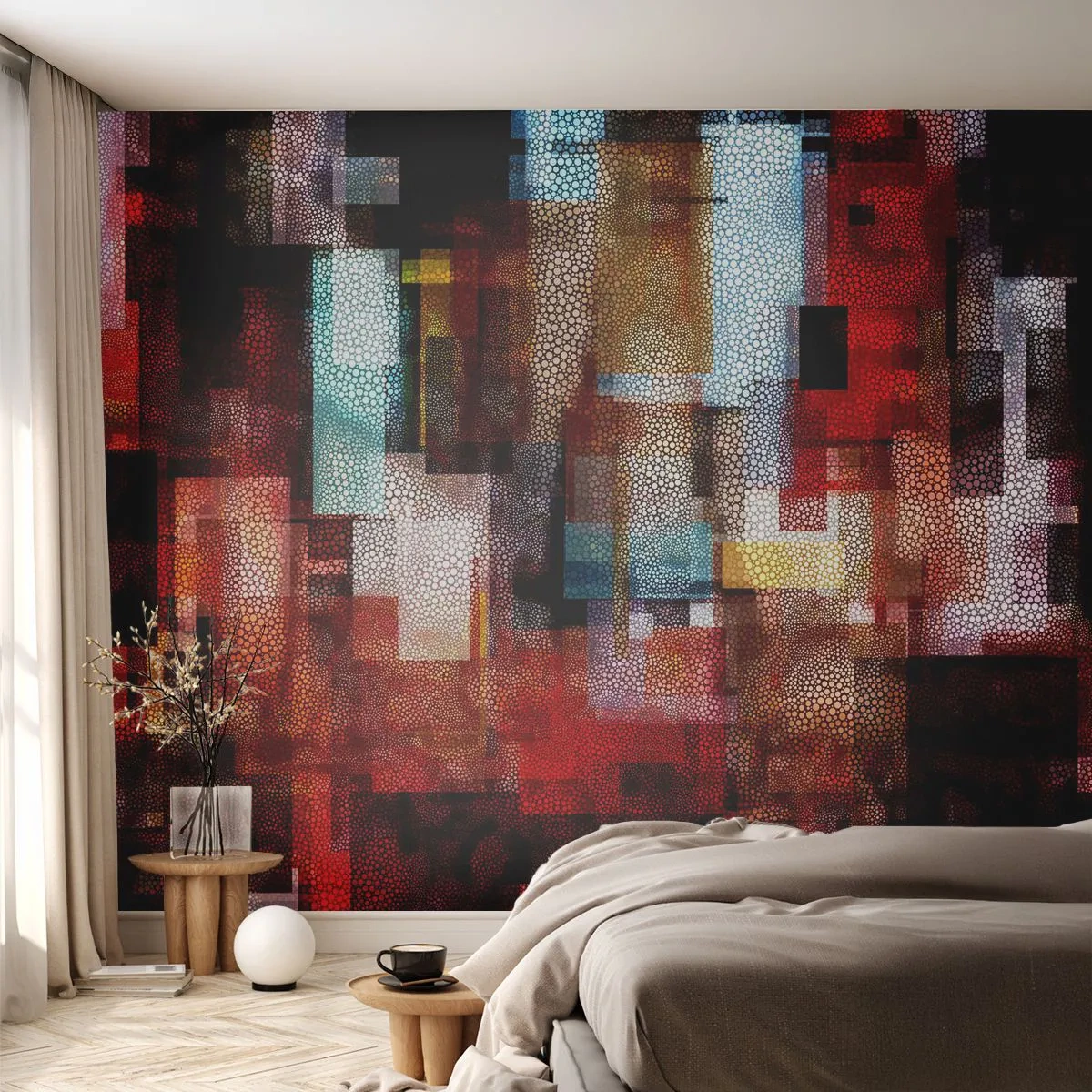 Fototapete Premium Sand - Moderne Abstraktion in Rot- und Schwarztönen - 100x70cm - Verwirrung mit Verwirrung - Moderne Wanddekoration für Wohnzimmer und Schlafzimmer ARTTOR