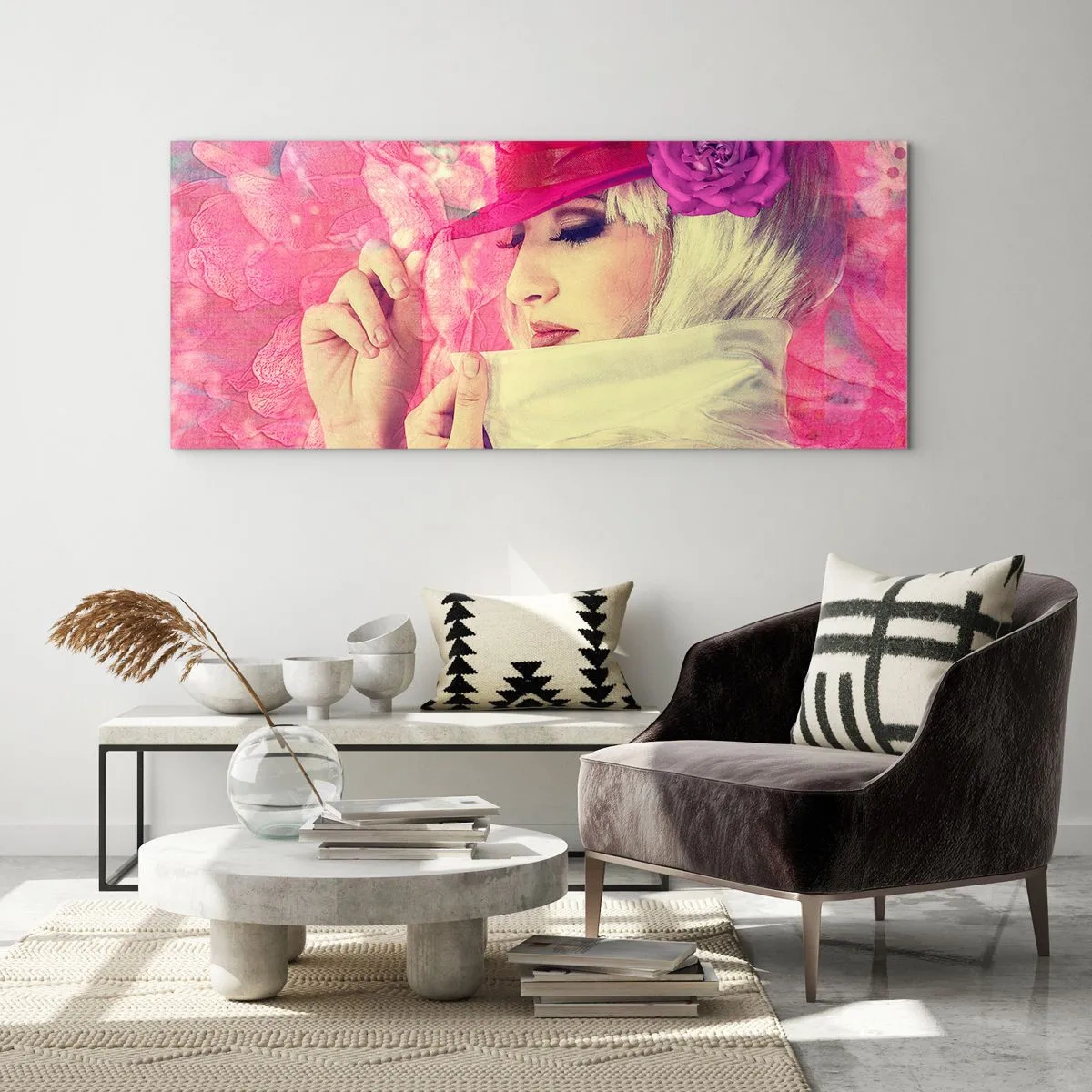 Glasbild - Bild auf glas - Retro-Porträt in einem rosa Nebel - 90x30 cm