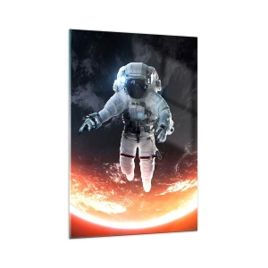 Glasbild - Bild auf glas - Ein Astronaut schwebt über einer sonnenbeschienenen Erde - 70x100cm - Kann ich noch eine Weile bleiben? - Moderne Wanddekoration für Wohnzimmer und Schlafzimmer ARTTOR