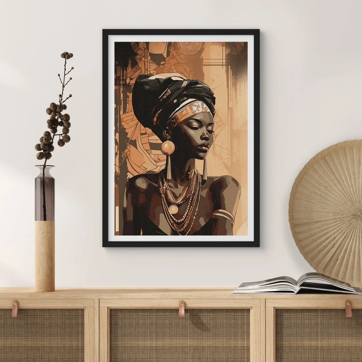Poster in einem schwarzem Rahmen - Porträt einer afrikanischen Frau mit traditionellem Schmuck - 50x70cm - Afrikanische Majestät - Moderne Wanddekoration für Wohnzimmer und Schlafzimmer ARTTOR