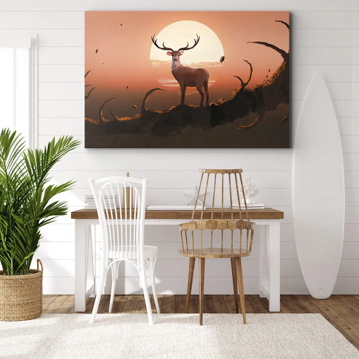 Bild auf Leinwand - Leinwandbild - Ein Hirsch vor dem Hintergrund der untergehenden Sonne und einer surrealen Landschaft - 70x50cm - Diese Nacht ist anders als jede andere - Moderne Wanddekoration für Wohnzimmer und Schlafzimmer ARTTOR