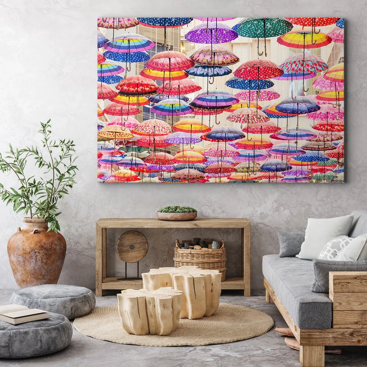 Bild auf Leinwand - Leinwandbild - Bunte Regenschirme schweben in der Luft - 120x80cm - Stadtwiese - Moderne Wanddekoration für Wohnzimmer und Schlafzimmer ARTTOR