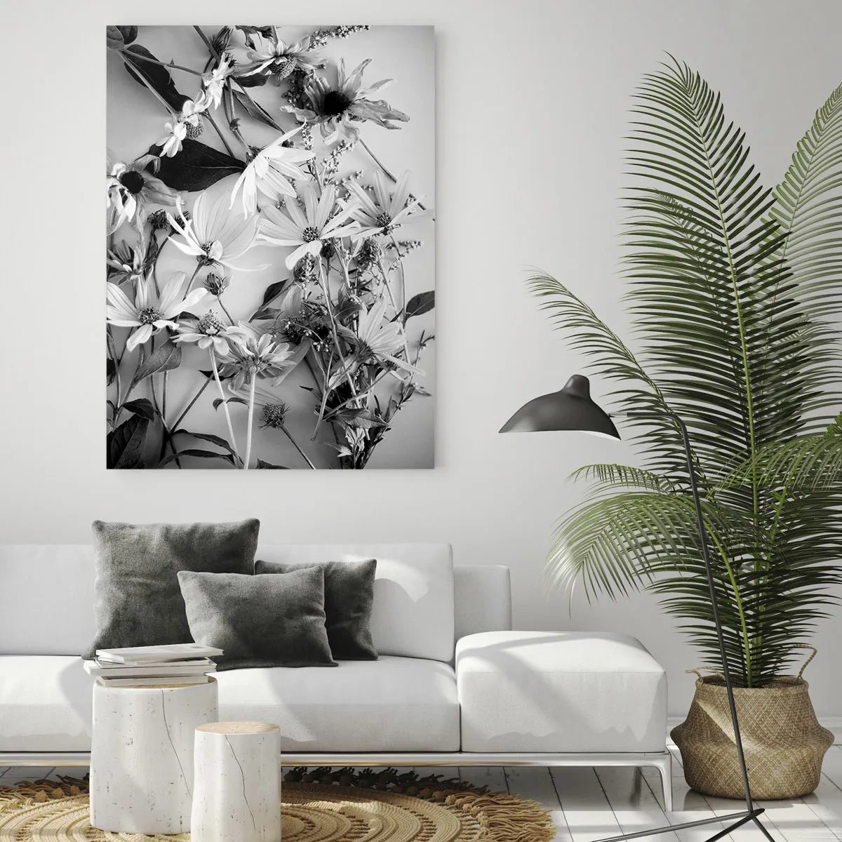 Glasbild - Bild auf glas - Verstreute schwarz-weiße Blumen in einem kunstvollen Arrangement - 50x70cm - Kein Blumenstrauß - Moderne Wanddekoration für Wohnzimmer und Schlafzimmer ARTTOR