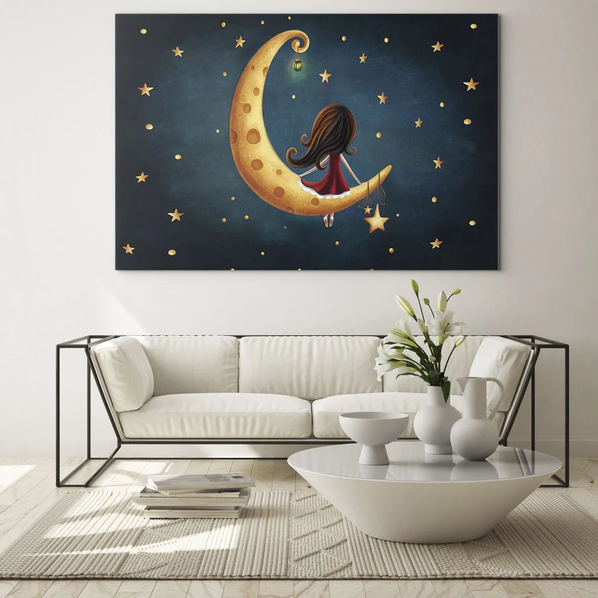 Glasbild - Bild auf glas - Ein Mädchen auf dem Mond zwischen den Sternen auf marineblauem Hintergrund - 70x50cm - Einmal… - Moderne Wanddekoration für Wohnzimmer und Schlafzimmer ARTTOR