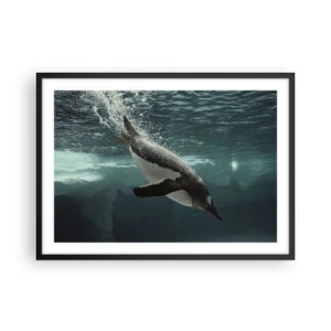 Poster in einem schwarzem Rahmen - Ein Pinguin taucht in die Tiefen des eisigen Wassers - 70x50cm - Willkommen in meiner Welt - Moderne Wanddekoration für Wohnzimmer und Schlafzimmer ARTTOR