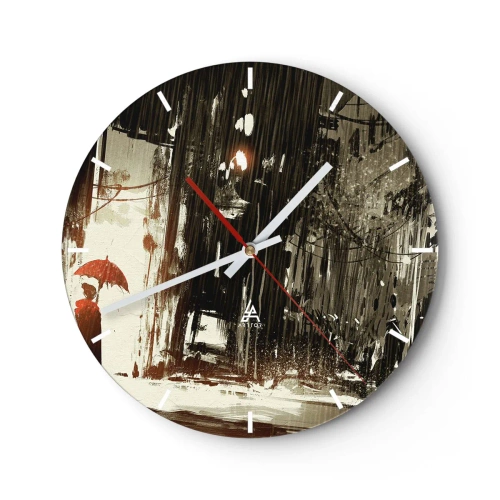 Wanduhr - Glasuhr - Eine Szene mit einem Regenschirm vor dem Hintergrund einer verregneten Straße - 30x30cm - Die Poesie des roten Regenschirms - Moderne Wanddekoration für Wohnzimmer, Küche und Schlafzimmer ARTTOR