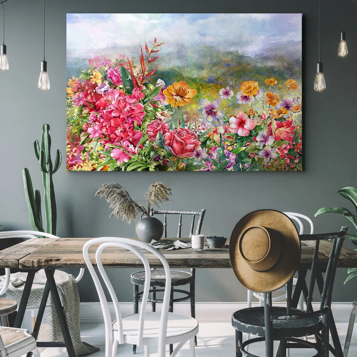 Bild auf Leinwand - Leinwandbild - Eine farbenfrohe Blumenkomposition vor einem pastellfarbenen Landschaftshintergrund - 70x50cm - Ein Garten, der verrückt geworden ist - Moderne Wanddekoration für Wohnzimmer und Schlafzimmer ARTTOR