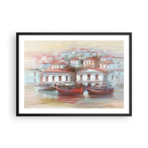 Poster in einem schwarzem Rahmen - Bunte Boote und malerische Gebäude am Wasser in Pastelltönen - 70x50cm - Glückliche Stadt - Moderne Wanddekoration für Wohnzimmer und Schlafzimmer ARTTOR