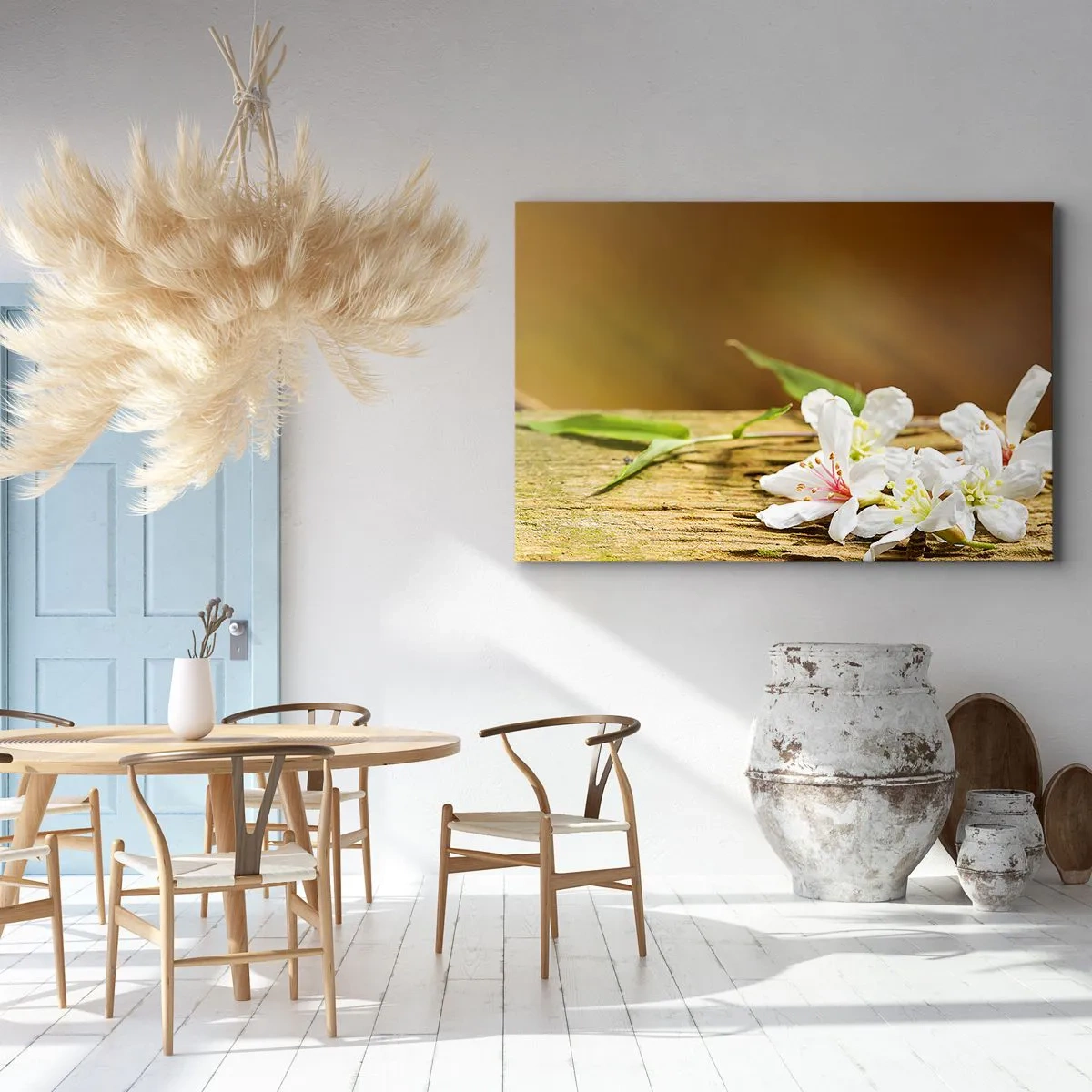 Bild auf Leinwand - Leinwandbild - Weiße Blumen auf einem hölzernen Hintergrund in natürlichem Licht - 70x50cm - Ein unschuldiges Versprechen - Moderne Wanddekoration für Wohnzimmer und Schlafzimmer ARTTOR