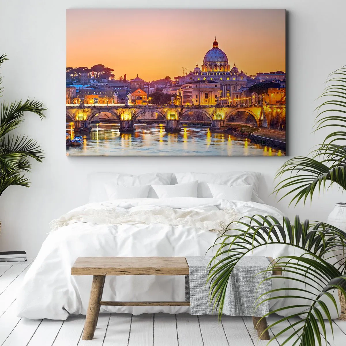 Bild auf Leinwand - Leinwandbild - Panorama des Vatikans bei Sonnenuntergang mit einer Brücke über den Fluss - 100x70cm - Sonnenuntergang über der ewigen Stadt - Moderne Wanddekoration für Wohnzimmer und Schlafzimmer ARTTOR