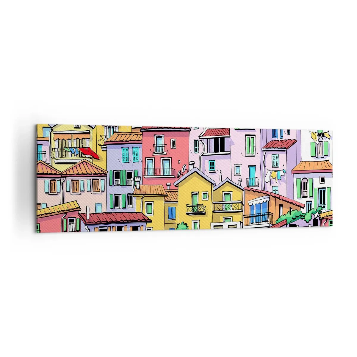 Bild auf Leinwand - Leinwandbild - Bunte Mietshäuser im lebendigen, fröhlichen Stil - 160x50cm - Lustige Stadt - Moderne Wanddekoration für Wohnzimmer und Schlafzimmer ARTTOR