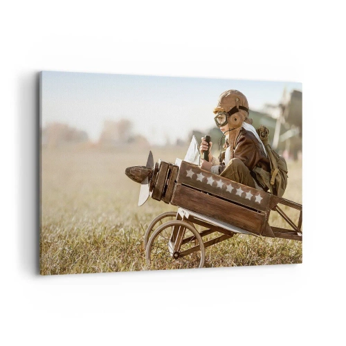Bild auf Leinwand - Leinwandbild - Ein Kind in einem Spielzeugflugzeug mit einem Feld im Hintergrund - 120x80cm - Start in Richtung eines Traums - Moderne Wanddekoration für Wohnzimmer und Schlafzimmer ARTTOR