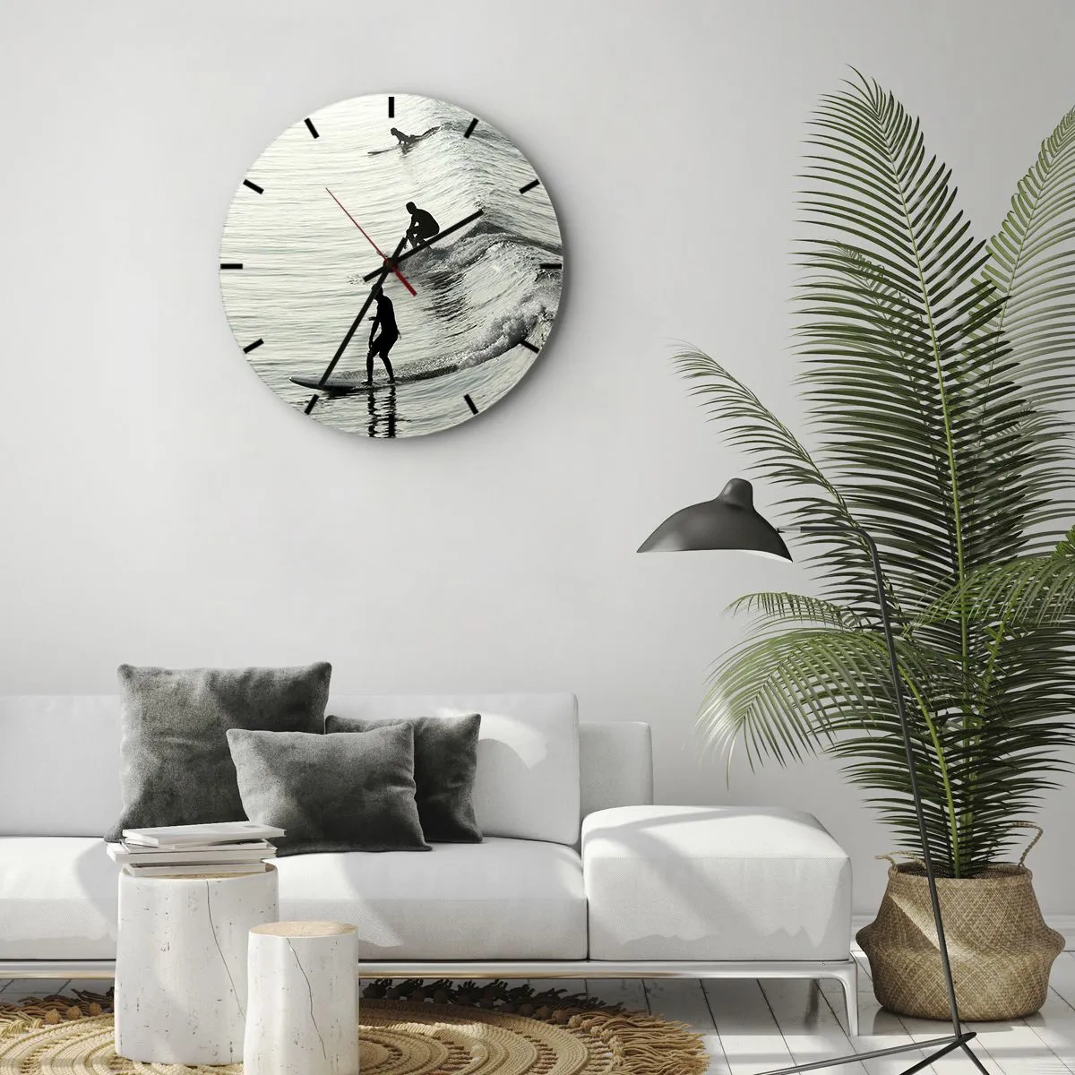 Wanduhr - Glasuhr - Surfer reiten auf Morgenwellen auf ruhigem Meer - 30x30cm - Gegen die Welle - Moderne Wanddekoration für Wohnzimmer, Küche und Schlafzimmer ARTTOR