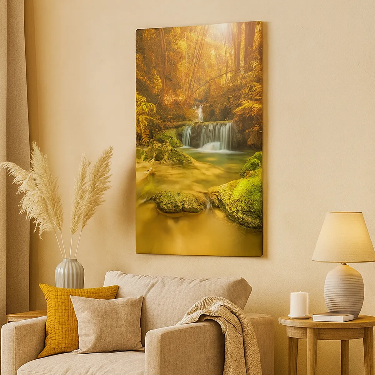 Bild auf Leinwand - Leinwandbild - Ein goldener Wasserfall in einem herbstlichen Wald, umgeben von Grün - 50x70cm - Waldkaskade in Gold - Moderne Wanddekoration für Wohnzimmer und Schlafzimmer ARTTOR
