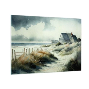 Glasbild - Bild auf glas - Dünenhäuser am Strand unter bewölktem Himmel - 70x50cm - Abseits vom Trubel - Moderne Wanddekoration für Wohnzimmer und Schlafzimmer ARTTOR