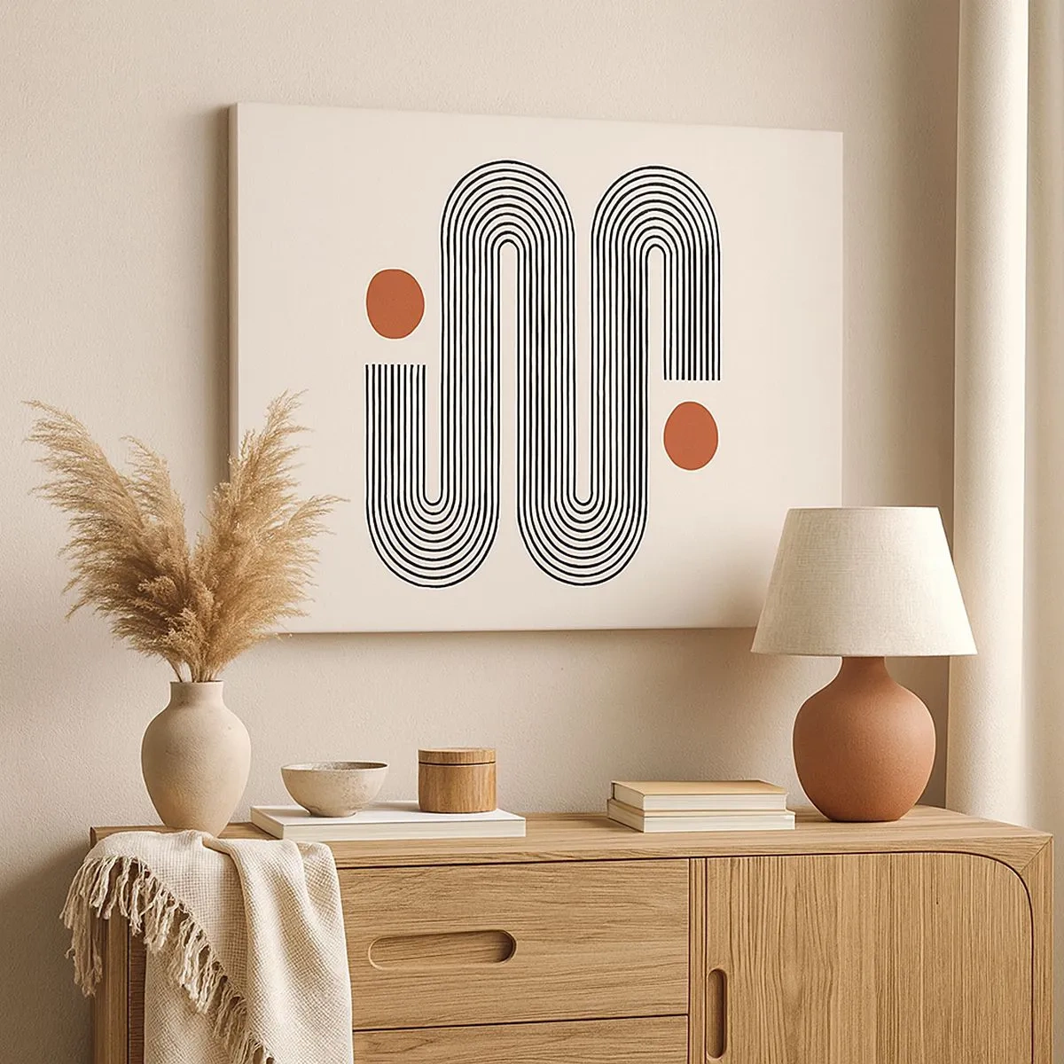 Bild auf Leinwand - Leinwandbild - Geometrisches Muster mit Linien und orangefarbenen Kreisen - 70x50cm - Vom Anfang bis zum Ende - Moderne Wanddekoration für Wohnzimmer und Schlafzimmer ARTTOR