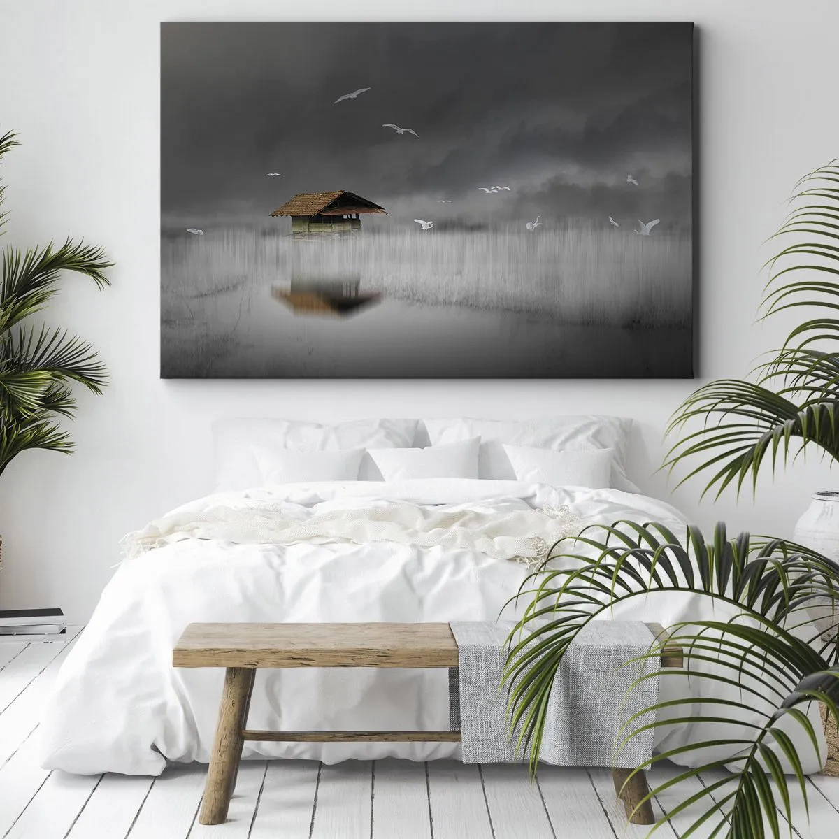 Bild auf Leinwand - Leinwandbild - Ein einsames Häuschen am Wasser, umgeben von Nebel und Vögeln - 120x80cm - Schutz vor Regen - Moderne Wanddekoration für Wohnzimmer und Schlafzimmer ARTTOR