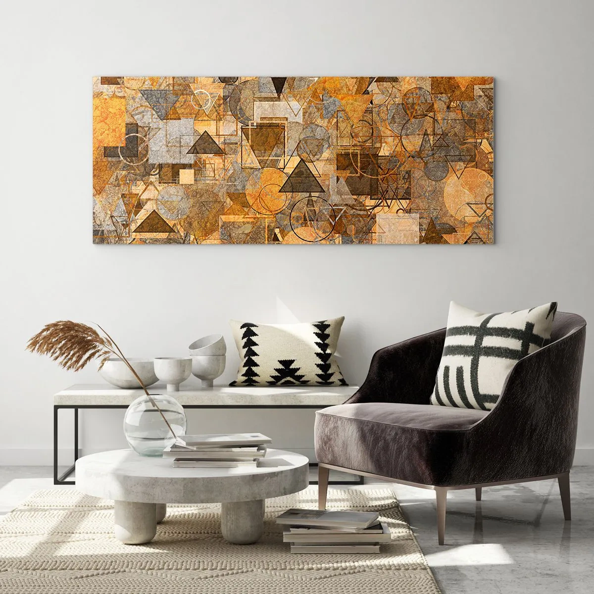 Glasbild - Bild auf glas - Abstrakte geometrische Muster in Goldtönen - 160x50cm - Die Welt in Form - Moderne Wanddekoration für Wohnzimmer und Schlafzimmer ARTTOR