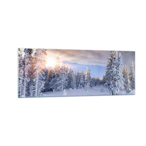 Glasbild - Bild auf glas - Winterlandschaft mit schneebedecktem Wald bei Sonnenuntergang - 140x50cm - Ein verschneites Naturschauspiel - Moderne Wanddekoration für Wohnzimmer und Schlafzimmer ARTTOR
