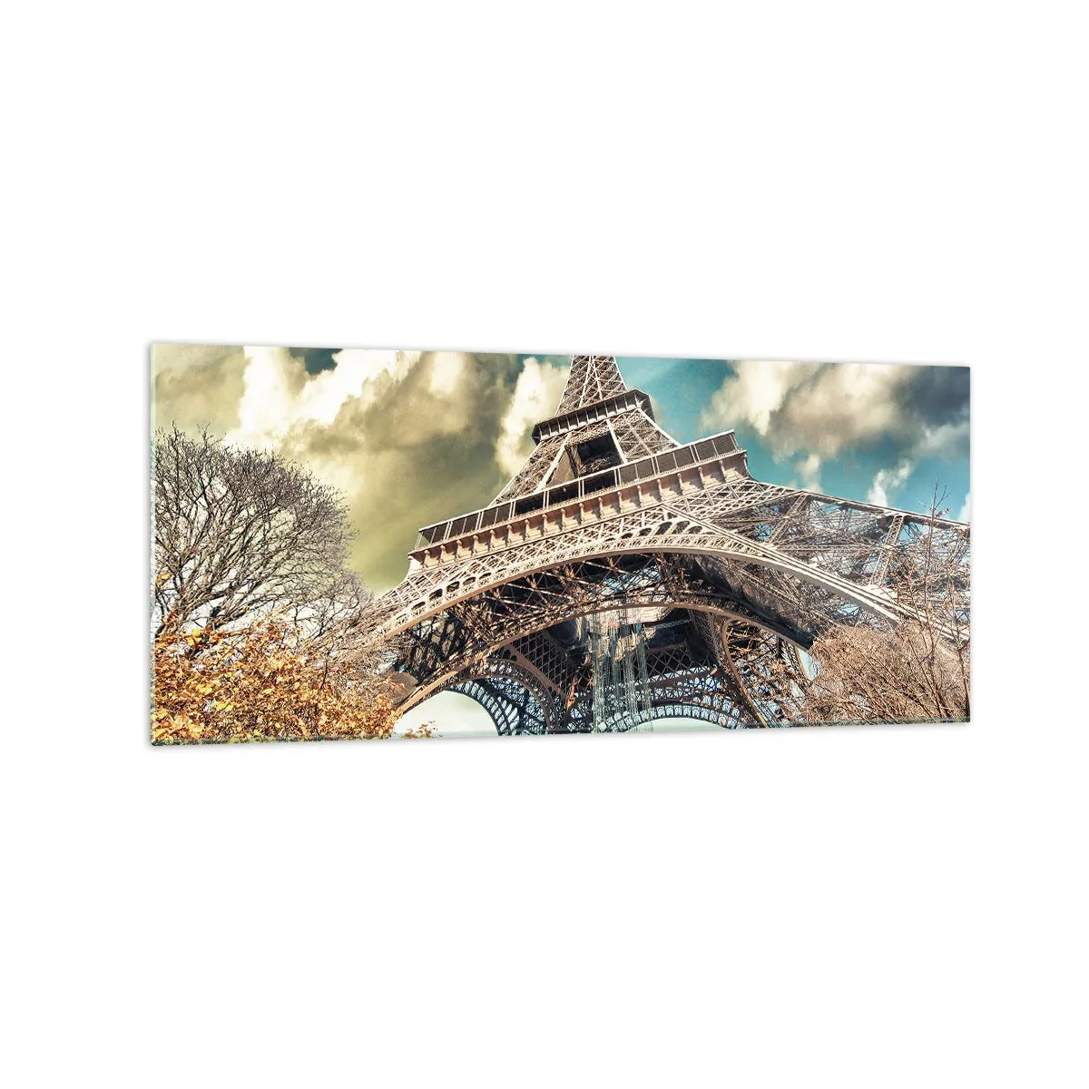 Glasbild - Bild auf glas - Der Eiffelturm von unten in herbstlicher Kulisse - 120x50cm - Und im Herbst in Paris ... - Moderne Wanddekoration für Wohnzimmer und Schlafzimmer ARTTOR