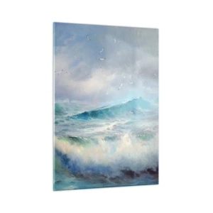 Glasbild - Bild auf glas - Raue Meereswellen mit Vögeln in einem bewölkten Himmel - 50x70cm - Der wind heulte mit Triumph - Moderne Wanddekoration für Wohnzimmer und Schlafzimmer ARTTOR